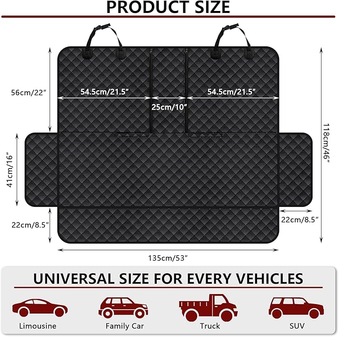 Dog Car Seat Cover for Back Seat, Waterproof Back Seat Cover for Dogs, Scratchproof Bench Seat Cover, Backseat Protector Fits Middle Armrest, Portable Dog Hammock, Suitable for Cars SUVs Trucks