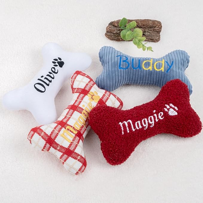 2026 Personalized Squeaky Dog Toys, Embroidered Bone Shape Corduroy Pet Pillow 8"x5"with Custmoized Name, Cute Dog Chew Puzzle Toy Custom Color Size Birthday for Small Medium Large Dogs