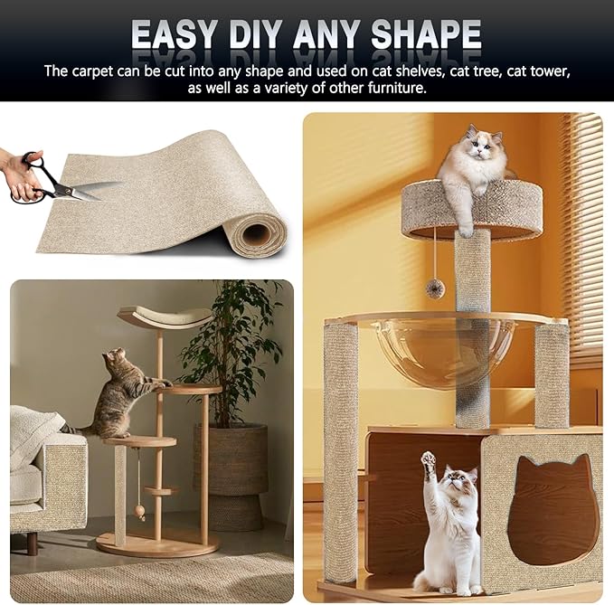 Cat Scratch Mat for Couch, Wall & Cat Tree – 78.7" Trimmable Self-Adhesive Cat Scratcher, Furniture Protector for Cats, Felt Alternative to Sisal, DIY Replacement for Cat Tower, 2 Pack (Khaki)