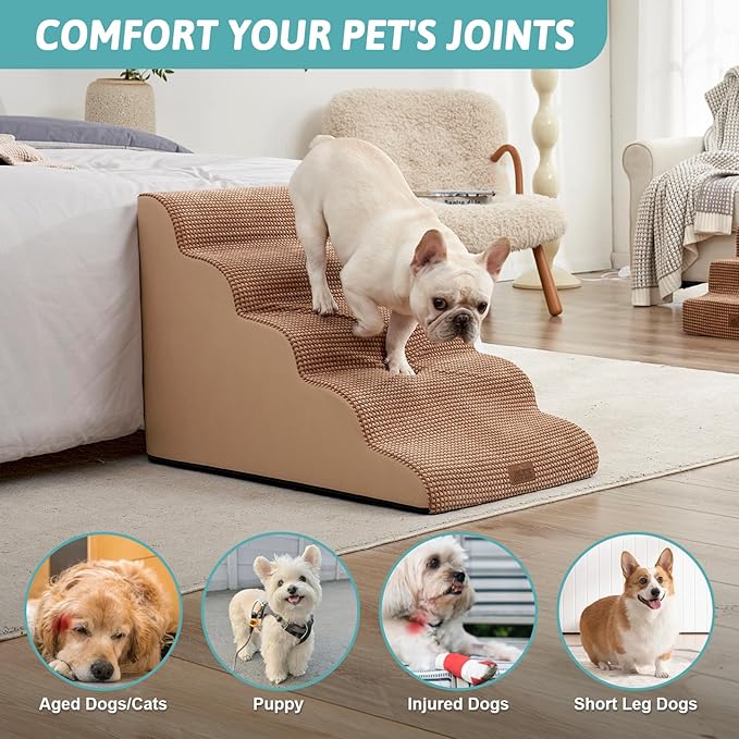 Extra Wide Dog Stairs 19.7" Width, Pet Step for Small/Medium/Large Dog, Puppy or Cat, Pet Ramp for High Bed or Car, High Density Foam Ladder, 19.7x33x22.4 in, Stable, 5 Step, Light Brown