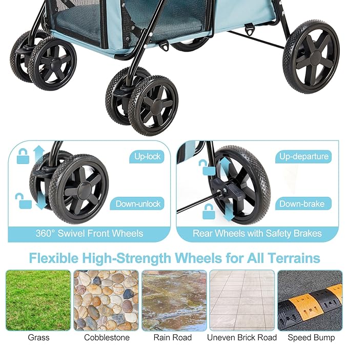 Double Pet Stroller for Dogs and Cats with 2 Detachable Carrier, Quick-Folding Dog Stroller for Medium Small Dogs Cats, 4 Wheels, Light Blue
