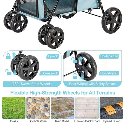 Double Pet Stroller for Dogs and Cats with 2 Detachable Carrier, Quick-Folding Dog Stroller for Medium Small Dogs Cats, 4 Wheels, Light Blue