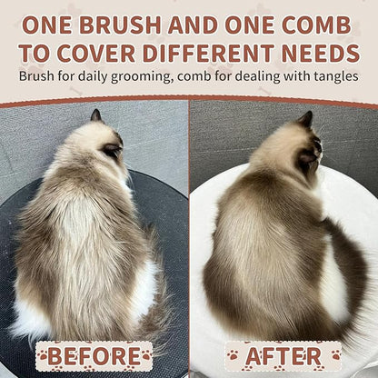 Wooden Cat Brush and Comb, Cat Hair Brush with Nautral Boar Bristle for Reduce Shedding and Keep Healty Shine, Daily Pet Grooming Tool for Dogs & Cats