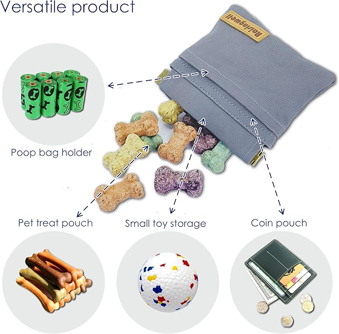 Raisingwell Dog Treat Pouch, Small Cotton Pocket Sized Training Holder, Hand Free Walking Fanny Bag with Carabiner, Self-Closing Pet Feed Snack Reward, Behavior Aids for Puppy Travel or Outdoor (Grey)