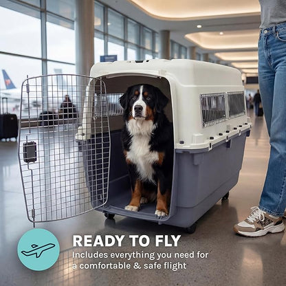 SportPet Airline Compliant XXX-LARGE 44" Travel Dog Kennel-Durable Plastic Airline Pet Carrier w/Removable Wheels & Food Bowls, Collapsible Indoor/Outdoor Dog Kennel, Dogs up to 44"L & 33"H-Cream/Gray