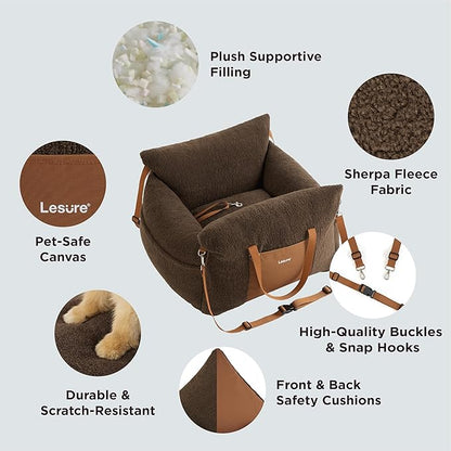 Lesure Small Dog Car Seat for Small Dogs - Sherpa Dog Booster Seat for Car with Storage Pockets and Clip-On Safety Leash and Thickened Memory Foam Filling, Puppy Travel Carrier Bed, Espresso