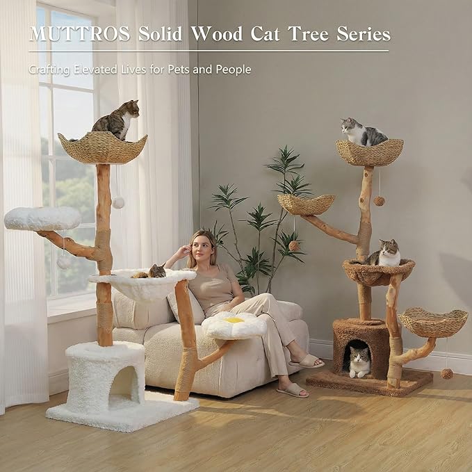 59" Cat Tree Tower with Real Solid Wood Natural Branch, Modern Cat Tree for Large Cats w/3 Handwoven Wicker Baskets- Luxury Boho Cat Furniture w/Condo & Soft Hammock, Scratching Post, Brown