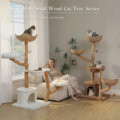 59" Cat Tree Tower with Real Solid Wood Natural Branch, Modern Cat Tree for Large Cats w/3 Handwoven Wicker Baskets- Luxury Boho Cat Furniture w/Condo & Soft Hammock, Scratching Post, Brown