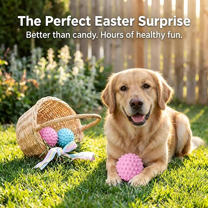 Apasiri Bacon-Flavored Squeaky Balls for Dogs: 3.5Inch Durable Rubber Bouncy Dog Balls for Aggressive Chewers, Spiky Floating Dog Balls for Large & Medium Dogs, Dog Birthday Gift, Pink Easter Dog Toys