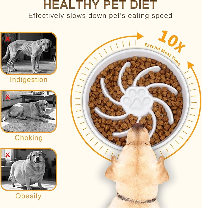 Ceramic Slow Feeder Dog Bowl, 1.5 Cup Dog Food or 20oz Water, Slow Eating Bowl for Small Breed, Maze Puzzle Feeder for Fast Eaters, Anti-Choking Stop Bloat, Non-Slip BPA Free (White)