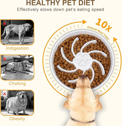 Ceramic Slow Feeder Dog Bowl, 1.5 Cup Dog Food or 20oz Water, Slow Eating Bowl for Small Breed, Maze Puzzle Feeder for Fast Eaters, Anti-Choking Stop Bloat, Non-Slip BPA Free (White)