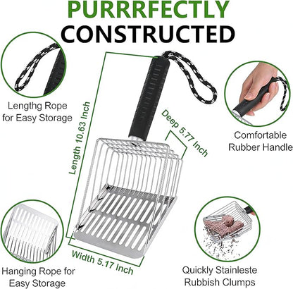 [2026 Version]Efficient Metal Cat Litter Scoop- Stainless Steel Cat Litter Scooper with Holder, Heavy Duty Litter Sifter, Pooper Scooper Kitty Litter Box Scooper-Cat Scooper for Litter Box Cleaning