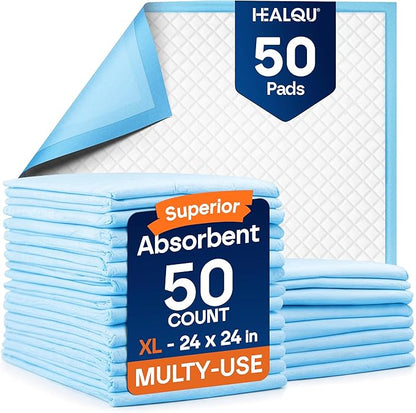 Healqu Puppy Pads - 50-Count, 24x24 - Advanced Leakproof Technology for Housebreaking & Training - Ultra Absorbent Puppy Pee Pads - Ideal for Dogs, Puppies, Cats - Attractant Pet Training Pads