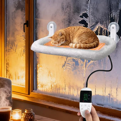 L&W BROS. 2PC Cat Heated Window Perches with Adjustable Thermostat & Timer – Dual Hammocks with Strong Suction Cups, Easy-to-Clean Warm Beds for Multi-Cat Homes, Holds Up to 50lbs Each (L 2PC)