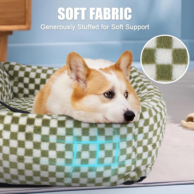 Dog Car Seat for Small Dogs,Medium Dog Car Bed with Detachable Washable Cover,Pet Puppy Booster Cars Seats with Safety Belt Up to 30 lbs(Grid Green)
