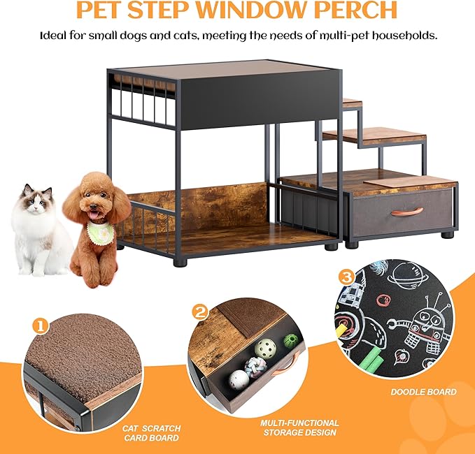 Dog Window Perch with Stairs, Indoor Dog Bunk Bed to Look Out Window, Pet Window Seat with Storage Drawer for Dogs and Cats, Vintage Wood Look