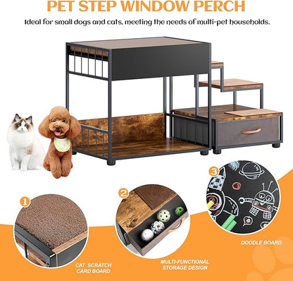 Dog Window Perch with Stairs, Indoor Dog Bunk Bed to Look Out Window, Pet Window Seat with Storage Drawer for Dogs and Cats, Vintage Wood Look