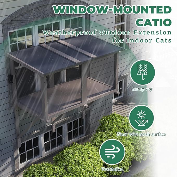 Catio Cat Window Box, Wooden Cat Catio for Indoor Cats, Window Enclosure for Sunbathing, Napping, Overlooking, Keeps Insects Out