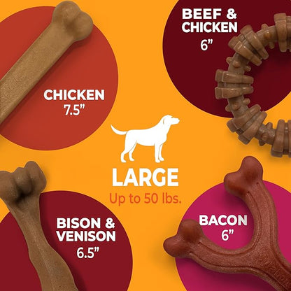 Nylabone Strong Chew Dog Toy 4-Pack Made with Real Bacon, Bison, Venison, Beef, & Chicken, Durable Chew Toys for Aggressive Chewers, Long Lasting Dog Bone, Large Breeds - Up to 50 lbs, 4 Count