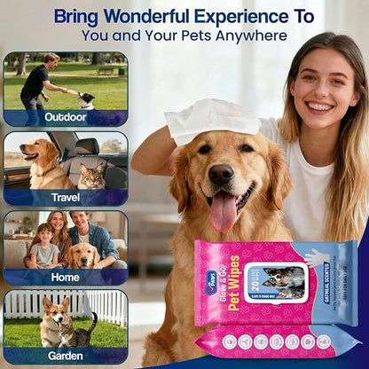 Glove & Go Grooming Wipes for Dogs & Cats - Paraben Free, Alcohol Free, Lick-Safe, Hypoallergenic, Oatmeal Scented Dog Wipes for Paws and Butt, Puppy Wipes (20 Count)