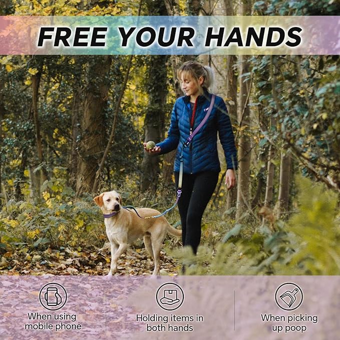 Hands Free Dog Leash, Adjustable Heavy Duty Bungee Waist Leash Belt for Medium Large Dogs Walking Running Hiking with Reflective(Multi-Colored)