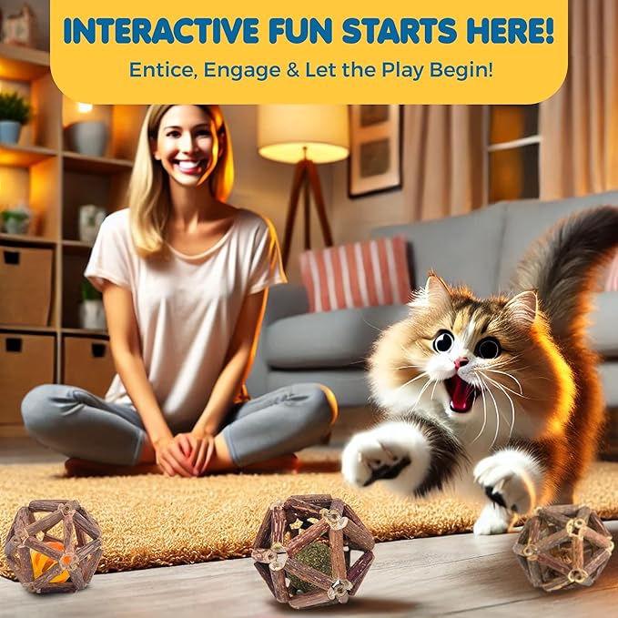 SunGrow Silverine Balls for Cats, Engaging and Interactive Pet Enrichment, Gall Fruit, Catnip, Bell Ball, Cool Pal Feline Toy, Christmas Stocking Stuffers, Brown, 2.5” (Diameter), 3 Pieces per Set 