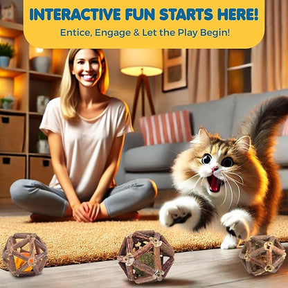 SunGrow Silverine Balls for Cats, Engaging and Interactive Pet Enrichment, Gall Fruit, Catnip, Bell Ball, Cool Pal Feline Toy, Christmas Stocking Stuffers, Brown, 2.5” (Diameter), 3 Pieces per Set 