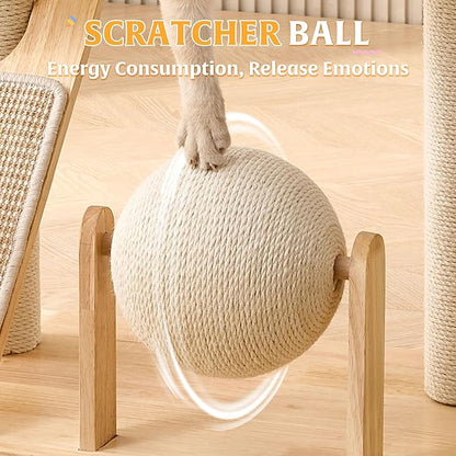 HITTITE Solid Wood Cat Tree Tower with Scratching Post, 36.6 Inches Tall Cat Towers with Scratching Board and Scratcher Ball, Modern Cat Tower With Space Capsule and Hand-Woven Basket for Indoor Cats.