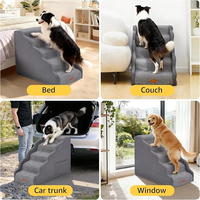Side Armrest Dog Stairs for High Beds Up to 26-30", 5-Step Pet Ramp with Weighted Base Plate, Washable Cover, Gentle Slope Steps, Bed & Couch Ladder for Small Medium Dogs & Senior Cat