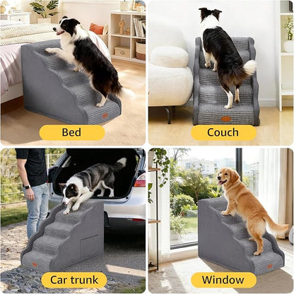 Side Armrest Dog Stairs for High Beds Up to 26-30", 5-Step Pet Ramp with Weighted Base Plate, Washable Cover, Gentle Slope Steps, Bed & Couch Ladder for Small Medium Dogs & Senior Cat
