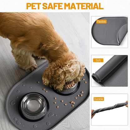 Hubulk 100% Waterproof Silicone Pet Feeding Mat with Raised Edge for Food and Water, Dog Bowl Mats, Cat Bowls Placemat with High Lip Protects Floor for Cats and Dogs (Gray, 16" L x 10" W)