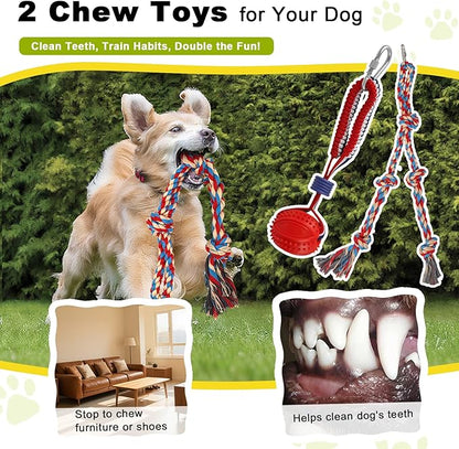 Outdoor Tug of War Dog Toy, Tether Interactive Dog Tug Toy Backyard Heavy-Duty Dog Solo Play Exercise Toy for Large Medium Dogs, Height Adjustable, 2 Rope Toys