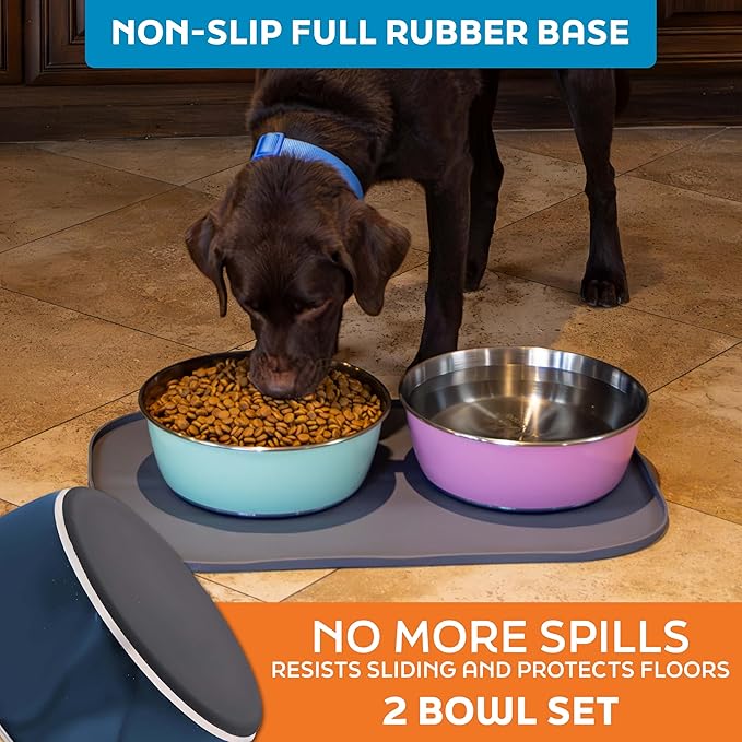 Master Pet Supply Stainless Steel Dog Bowls Set of 2 (128 Oz Each) with Non-Slip Rubber Base - Navy Blue - Basic Dog Food Bowl Water & Food Bowls for Small Medium Large Dogs & Cats, Metal Dish