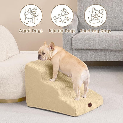 EHEYCIGA Curved Dog Stairs Ramp for Small Dogs 15.7" H, 3-Step Dog Steps for Couch Sofa and Chair, Pet Stairs for Cats, Non-Slip Balanced Pet Steps Indoor, Graige
