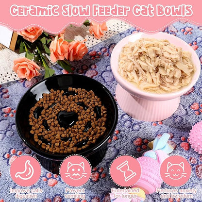 Tioncy 2 Pcs Raised Cat Slow Feeder Bowl Ceramic Elevated Cat Dog Food Bowl No Spill High Edge for Dry Wet Food and Water Easy to Clean, Dishwasher Safe (Black,Pink)