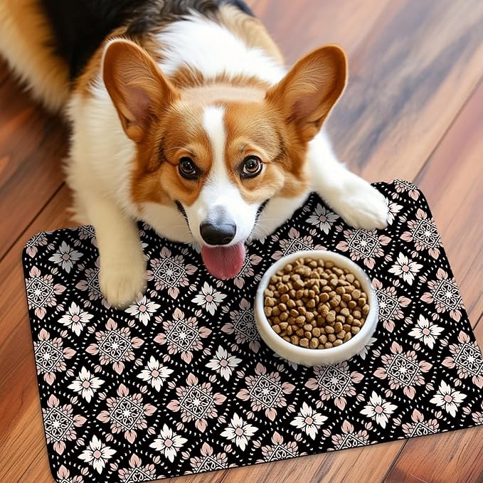 Patterned Cat & Dog Bowl Mat for Food and Water, 12"×20" Quick Dry Absorbent Pet Feeding Mat, Eco-Friendly Dog Placemat
