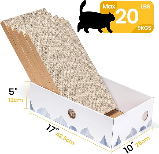 Cat Scratcher Box with Heavy-Duty Double-Sided Cardboard Pad, Cardboard Lounger, Cat Bed for Indoor Cats, Interactive Hole Design, Large - 5 Pack, White