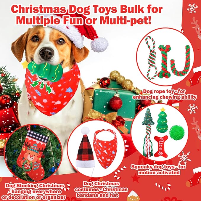 Mity rain Christmas Dog Toys Stockings with Toys - Dog Toys Pack for Large/Medium/Small Dogs, Dog of Squeaky Toys Rope Toy Dog Costume for Teething Bulk