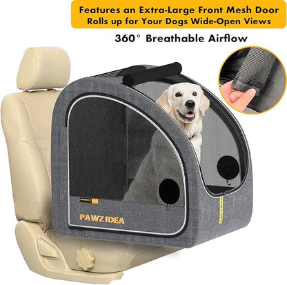 PAWZIDEA Portable Dog Crate for Car Travel, Collapsible Pet Travel Crates for Medium & Large Dogs, Enclosed Soft-Sided Car Kennel Carrier for Backseat, Secures w/Seatbelt & Headrest Strap, Chew-Proof