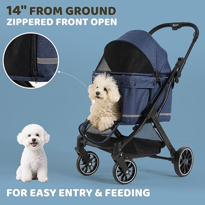 All-Terrain Dog Stroller for Small to Medium Dogs, Pet Stroller for Dogs & Cats Outdoor Walks, One-Hand Easy Fold, Double-Layer Anti-UV & Waterproof Canopy & Breathable Mesh, Midnight Blue