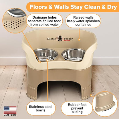 Neater Feeder Deluxe Mess-Proof Elevated Dog Bowls for Large Dogs (40+ lbs), 2 Height Adjustable (14.5” & 17.5”) No-Spill Raised Dog Bowl Stand, Stainless Steel Food Bowl Set, Made in USA, Cappuccino