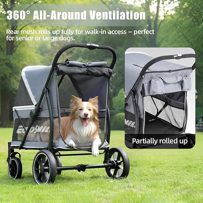 EchoSmile Dog Stroller for Large Dogs, 135lbs Weight Extra Large Pet Stroller, 4 Wheels Cats & Dogs Carrier with Brakes, Breathable Mesh Windows & Pocket, Gray