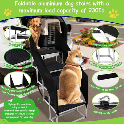 Dog Stairs with Guardrail for Large Dogs Extra Wide 20 Inch Step, 34 Inch 4 Step Non Slip Surface, Supports up to 230 lbs Designed for Oversized SUVs, Off Road Vehicles, and Pickup Trucks- Felt