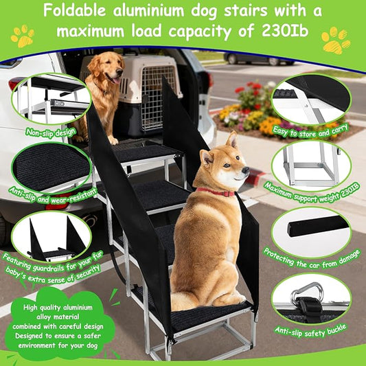 Dog Stairs with Guardrail for Large Dogs Extra Wide 20 Inch Step, 34 Inch 4 Step Non Slip Surface, Supports up to 230 lbs Designed for Oversized SUVs, Off Road Vehicles, and Pickup Trucks- Felt