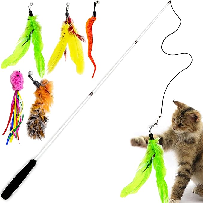 Youngever 6-Piece Cat Teaser Wand Toy Set with Assorted Refills, Interactive Feather Toys for Adult Cats