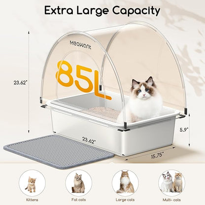 Meowant Stainless Steel Cat Litter Box, Extra Large Metal Litter Box with High Sided Oxford Fabric Cover & Extendable Scoop, Leakproof & Non-Sticky, Odor Control, No-Bend Cleaning