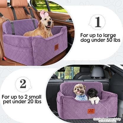 GL GLENSLAVE Dog Car Seat for Medium/Large Dogs, Dog Booster Seat for Pet Under 50lbs or 2 Small, Detachable and Washable Pet Car Seat,Multi-Functional Pet Travel Bed for Backseat(Purple)
