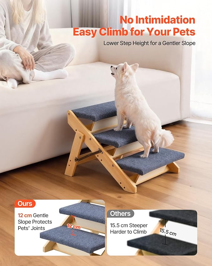 VEVOR Wood Pet Stairs, 3-Step Dog Stairs for Beds, Sofa & Cars, 150lbs Load Capacity, Floded Flat Design, Stable & Sturdy Cat & Dog Step Ladder for Small Medium Large Older Pet Puppy Essentials
