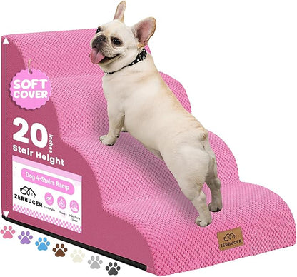 Dog Ramp and Stair for Bed 16" H-20 H,3-Step Cat Stair for Sofa and Chair,4-Step Dog Ramp for High Bed and Window,Durable Nonslip Fabric Cover for Indoor (Pink-20 H, Pet Friendly, 4)