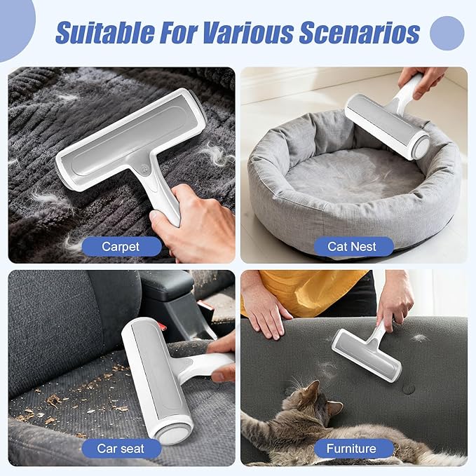 Roller Pet Hair Remover – Reusable Lint Roller for Dog & Cat Hair on Furniture, Couch, Carpet, Rugs, Bedding & Car – Portable, Eco-Friendly (White Gray)